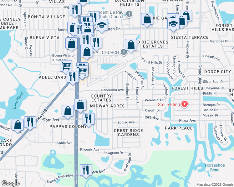 map of restaurants, bars, coffee shops, grocery stores, and more near 4803 Guardian Avenue in Holiday