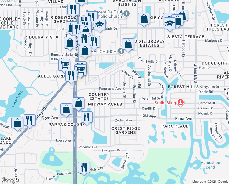 map of restaurants, bars, coffee shops, grocery stores, and more near 4744 Panorama Avenue in Holiday