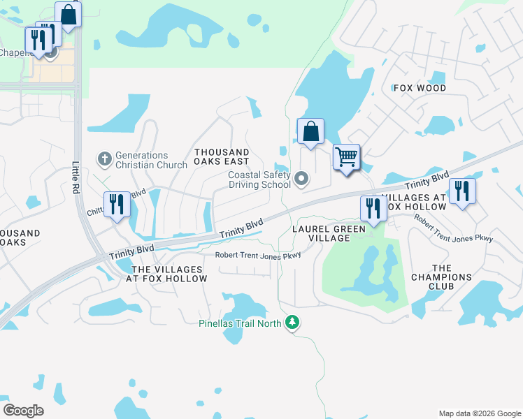 map of restaurants, bars, coffee shops, grocery stores, and more near 9774 Trumpet Vine Loop in Trinity