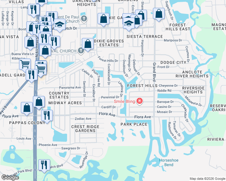 map of restaurants, bars, coffee shops, grocery stores, and more near 5116 Panorama Avenue in Holiday