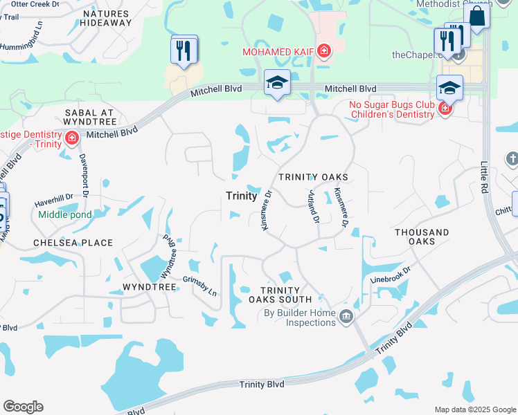 map of restaurants, bars, coffee shops, grocery stores, and more near 1427 Kinsmere Drive in Trinity