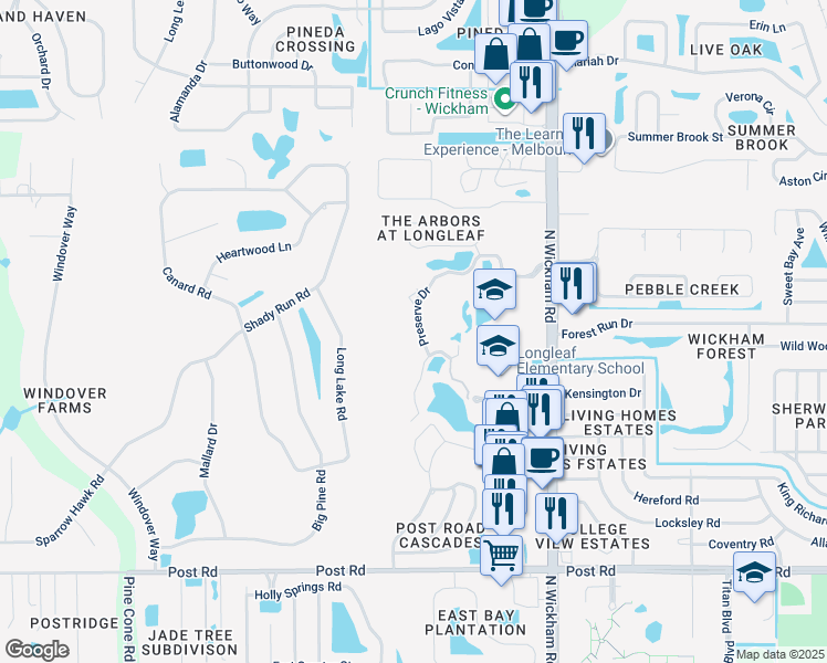 map of restaurants, bars, coffee shops, grocery stores, and more near 4465 Preserve Drive in Melbourne