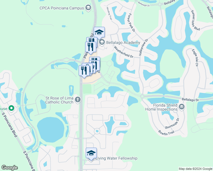 map of restaurants, bars, coffee shops, grocery stores, and more near Bellalago Drive in Kissimmee