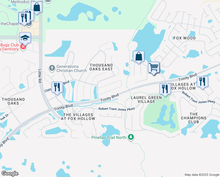 map of restaurants, bars, coffee shops, grocery stores, and more near 9800 Trumpet Vine Loop in Trinity