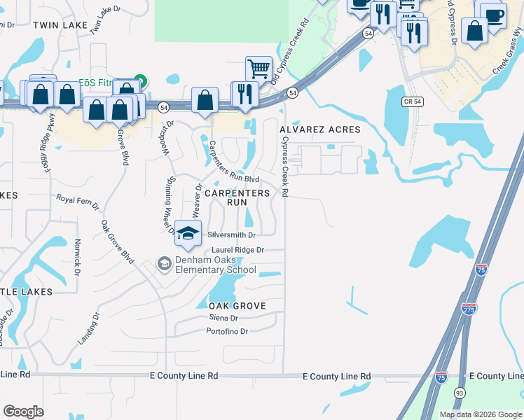 map of restaurants, bars, coffee shops, grocery stores, and more near 1614 Gunsmith Drive in Lutz