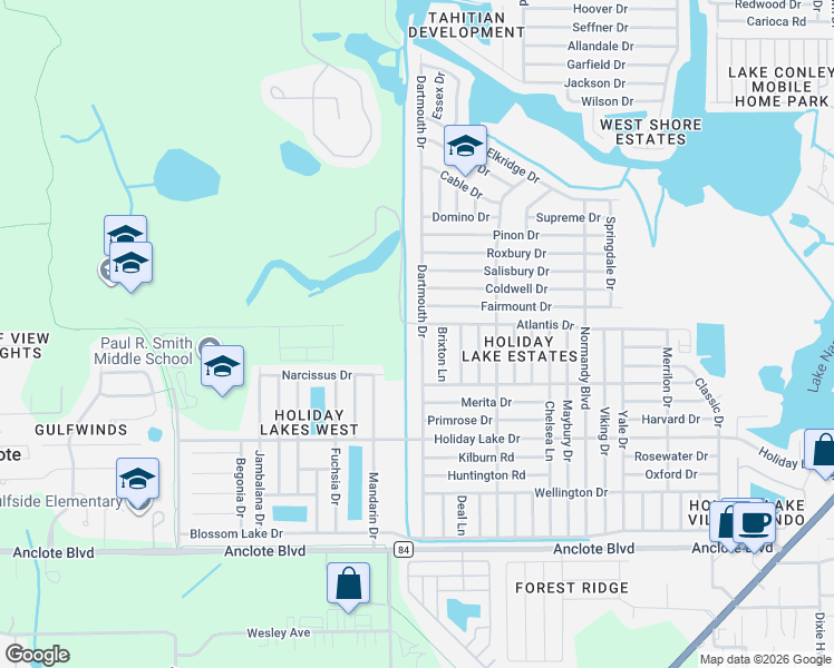 map of restaurants, bars, coffee shops, grocery stores, and more near 1452 Dartmouth Drive in Holiday