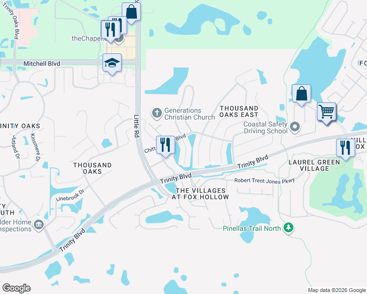 map of restaurants, bars, coffee shops, grocery stores, and more near 1427 Gallberry Court in Trinity