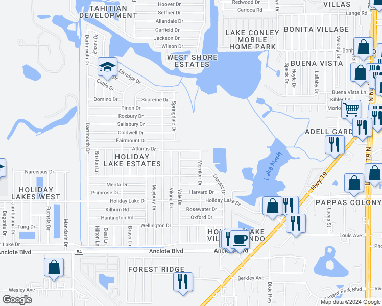 map of restaurants, bars, coffee shops, grocery stores, and more near 3530 Atlantis Drive in Holiday