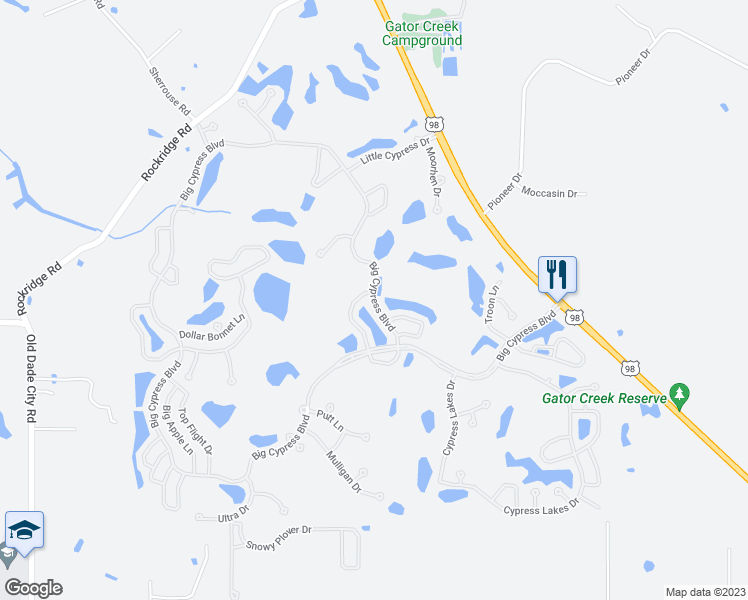 map of restaurants, bars, coffee shops, grocery stores, and more near Big Cypress Boulevard in Lakeland