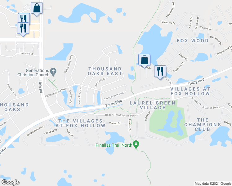 map of restaurants, bars, coffee shops, grocery stores, and more near 9784 Trumpet Vine Loop in Trinity