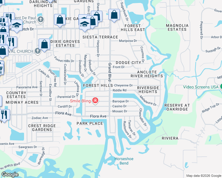 map of restaurants, bars, coffee shops, grocery stores, and more near 1448 Grand Boulevard in Holiday