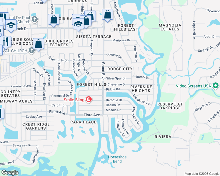map of restaurants, bars, coffee shops, grocery stores, and more near 5550 Cheyenne Drive in Holiday