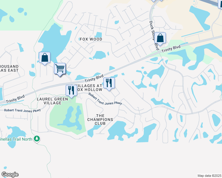 map of restaurants, bars, coffee shops, grocery stores, and more near 1503 Parilla Circle in Trinity