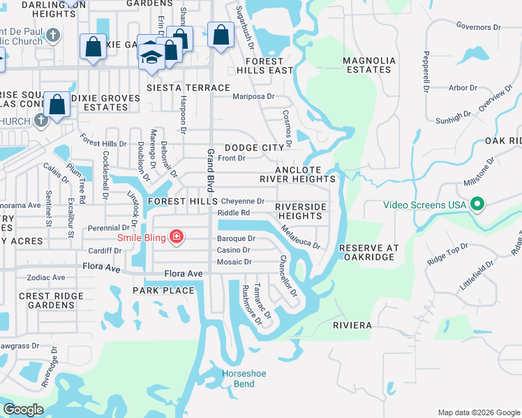 map of restaurants, bars, coffee shops, grocery stores, and more near 5648 Cheyenne Drive in Holiday