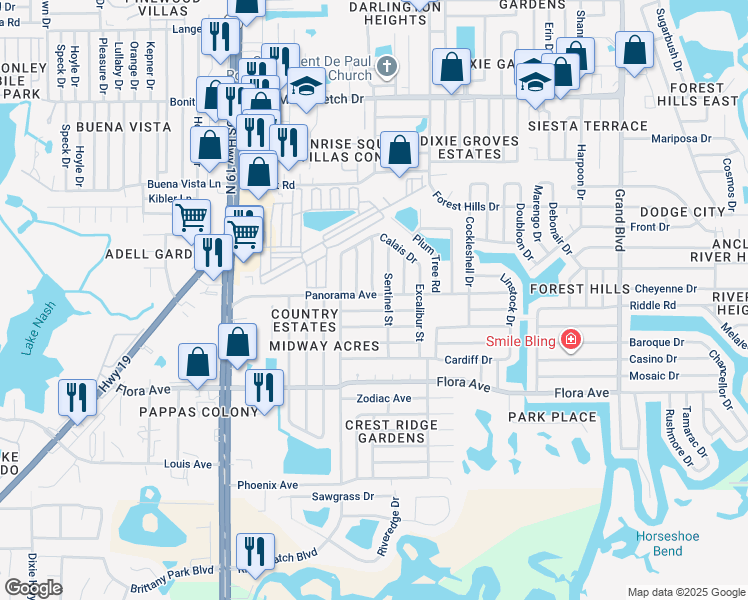 map of restaurants, bars, coffee shops, grocery stores, and more near 4830 Panorama Avenue in Holiday