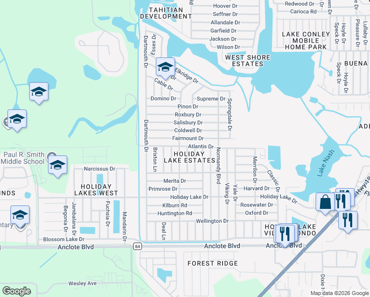 map of restaurants, bars, coffee shops, grocery stores, and more near 1453 Wickham Lane in Holiday