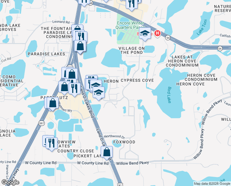 map of restaurants, bars, coffee shops, grocery stores, and more near 21536 Clubside Loop in Lutz