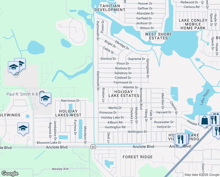 map of restaurants, bars, coffee shops, grocery stores, and more near 1452 Whitehall Lane in Holiday