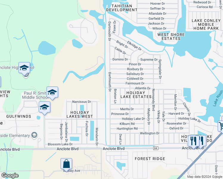 map of restaurants, bars, coffee shops, grocery stores, and more near 1452 Dartmouth Drive in Holiday