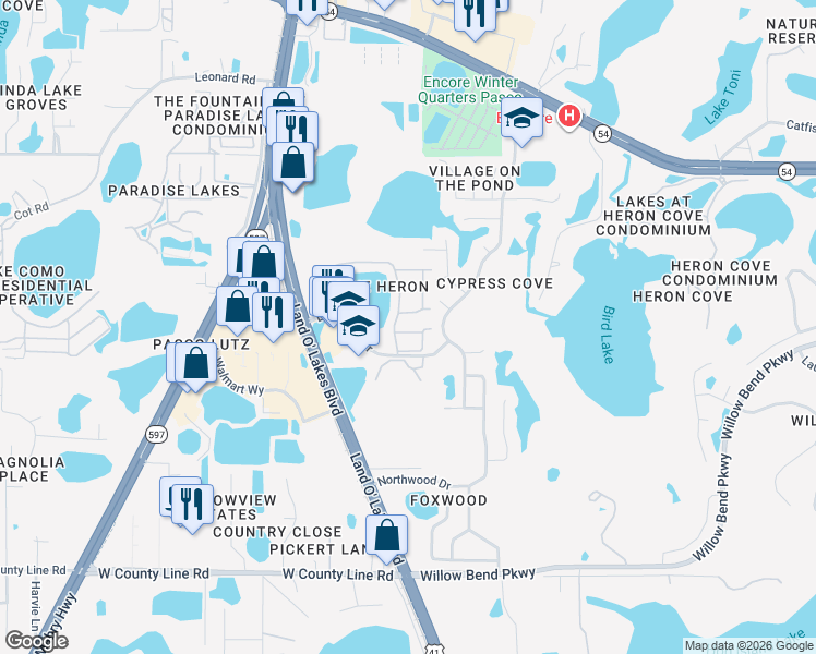 map of restaurants, bars, coffee shops, grocery stores, and more near 21544 Clubside Loop in Lutz