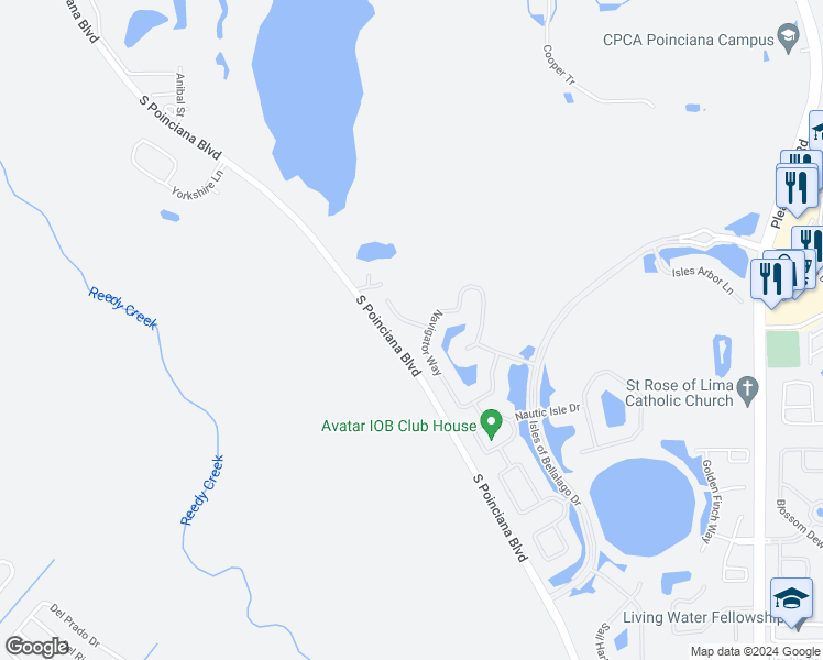 map of restaurants, bars, coffee shops, grocery stores, and more near 4104 Vessel Court in Kissimmee