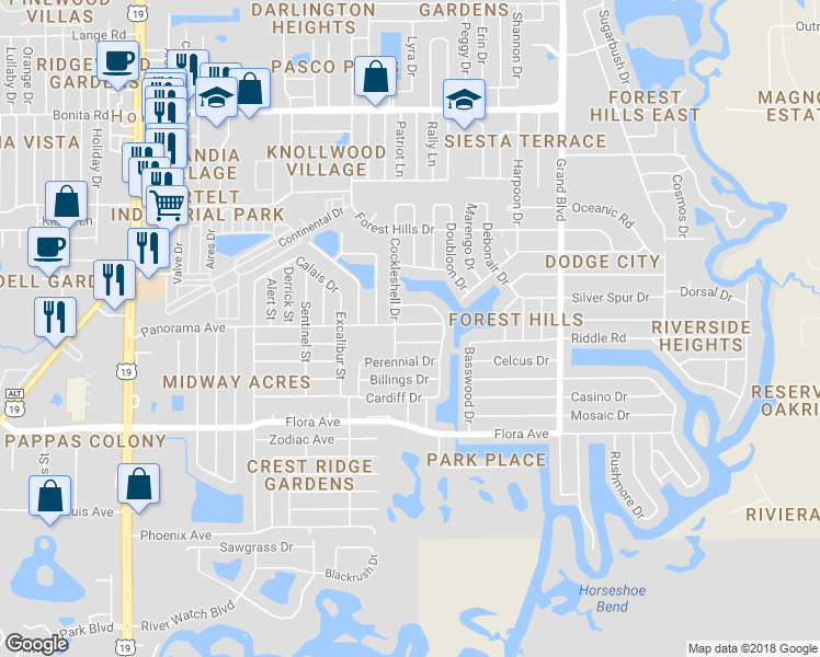 map of restaurants, bars, coffee shops, grocery stores, and more near 5122 Panorama Avenue in Holiday