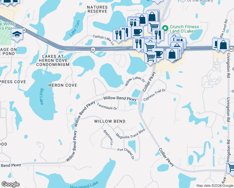 map of restaurants, bars, coffee shops, grocery stores, and more near 22538 Willow Lakes Drive in Lutz