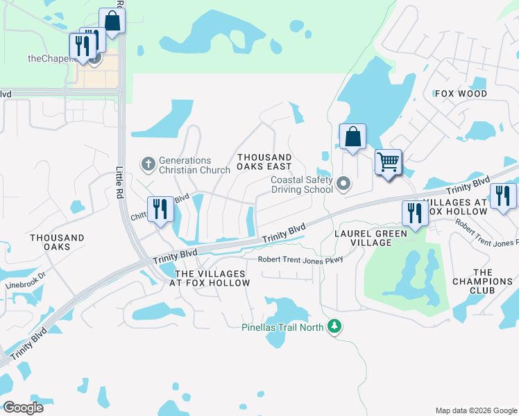 map of restaurants, bars, coffee shops, grocery stores, and more near 9421 Trumpet Vine Loop in Trinity