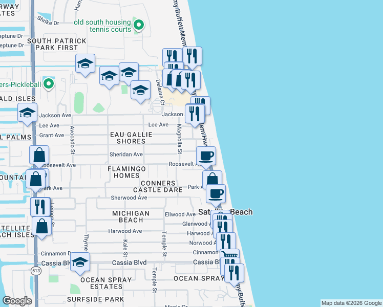 map of restaurants, bars, coffee shops, grocery stores, and more near 125 Sheridan Avenue in Satellite Beach