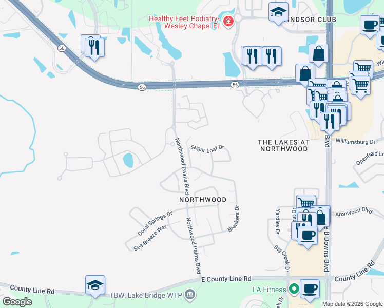 map of restaurants, bars, coffee shops, grocery stores, and more near 1624 Marumbi Court in Wesley Chapel