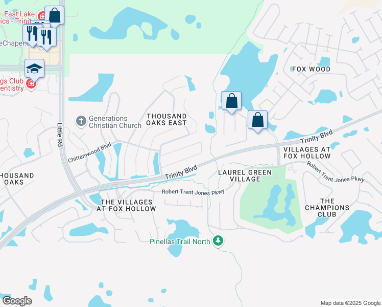 map of restaurants, bars, coffee shops, grocery stores, and more near 9756 Trumpet Vine Loop in Trinity