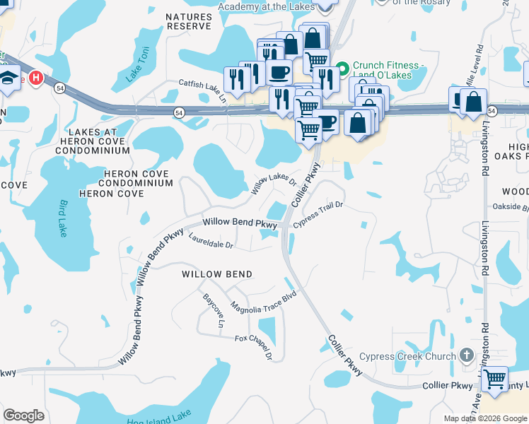 map of restaurants, bars, coffee shops, grocery stores, and more near 1614 Glen Oak Lane in Lutz