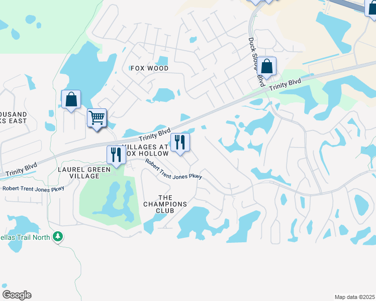map of restaurants, bars, coffee shops, grocery stores, and more near 1503 Parilla Circle in Trinity