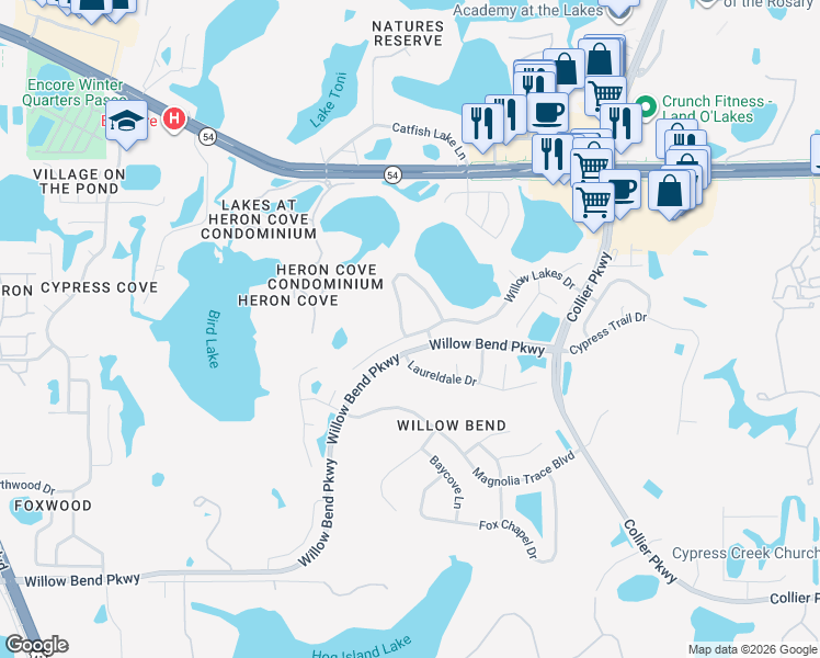 map of restaurants, bars, coffee shops, grocery stores, and more near 22411 Willow Lakes Drive in Lutz