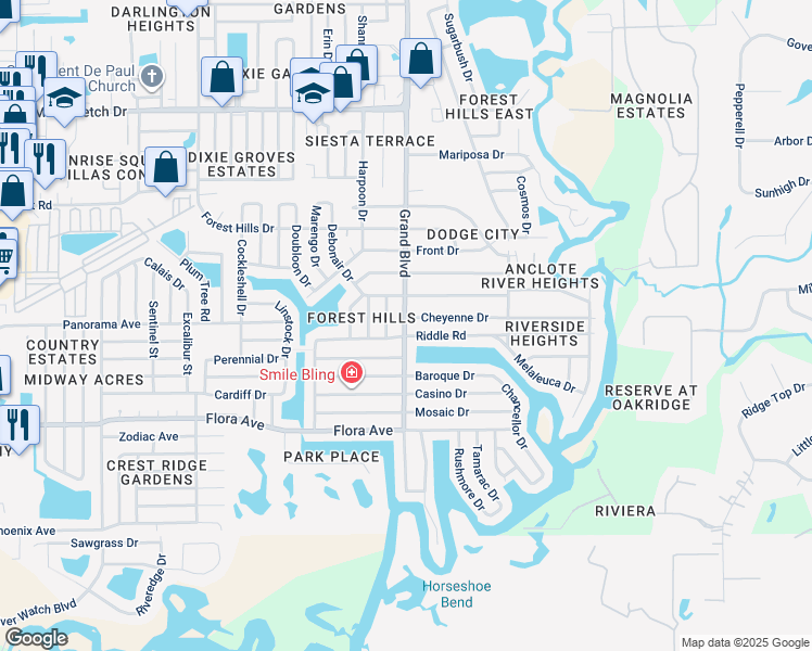 map of restaurants, bars, coffee shops, grocery stores, and more near 1448 Grand Boulevard in Holiday