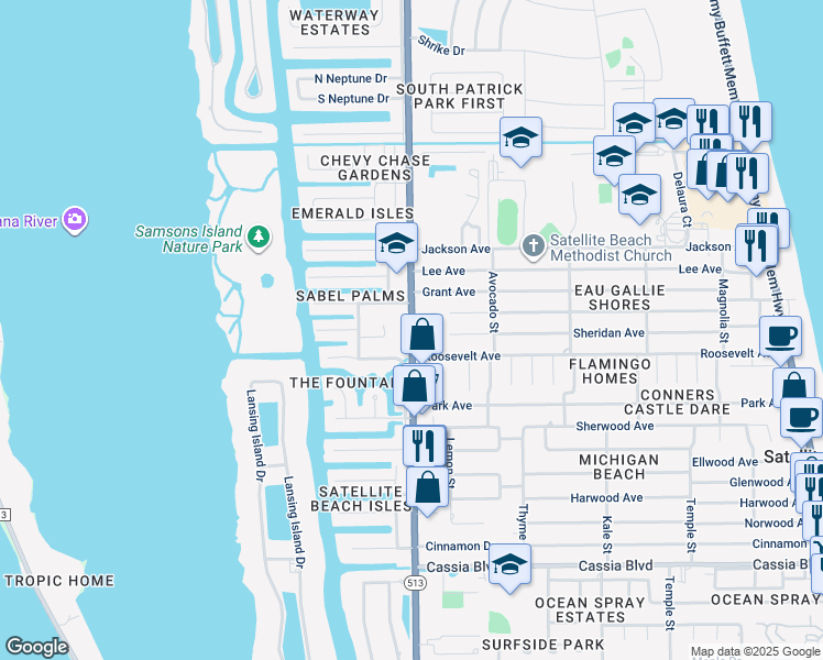 map of restaurants, bars, coffee shops, grocery stores, and more near 107 Mar Brisa Court in Satellite Beach