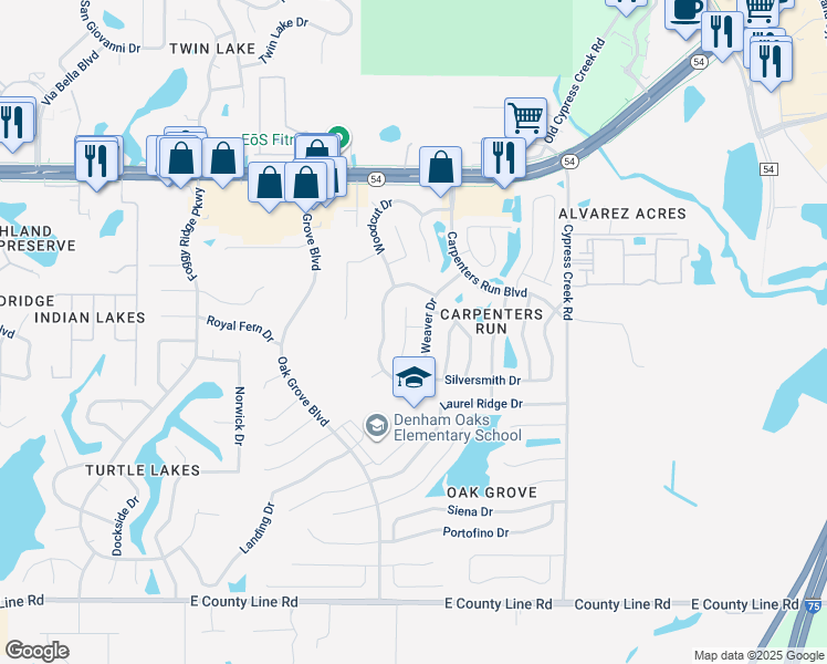 map of restaurants, bars, coffee shops, grocery stores, and more near 1614 Coppersmith Court in Lutz