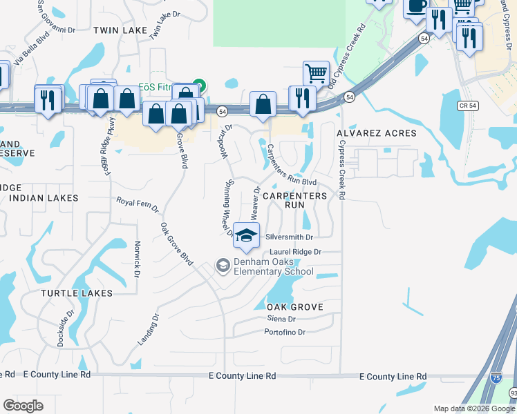 map of restaurants, bars, coffee shops, grocery stores, and more near 1614 Weaver Drive in Lutz