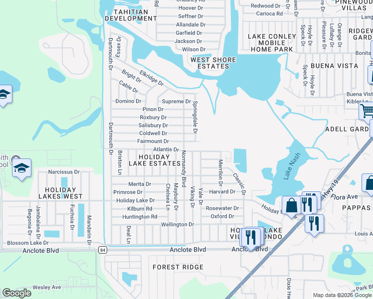 map of restaurants, bars, coffee shops, grocery stores, and more near 3401 Atlantis Drive in Holiday