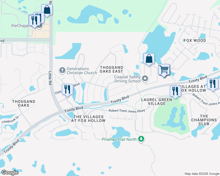 map of restaurants, bars, coffee shops, grocery stores, and more near 9461 Trumpet Vine Loop in Trinity