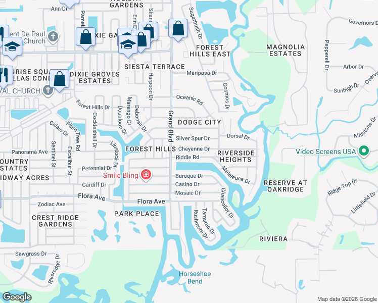 map of restaurants, bars, coffee shops, grocery stores, and more near 5550 Cheyenne Drive in Holiday