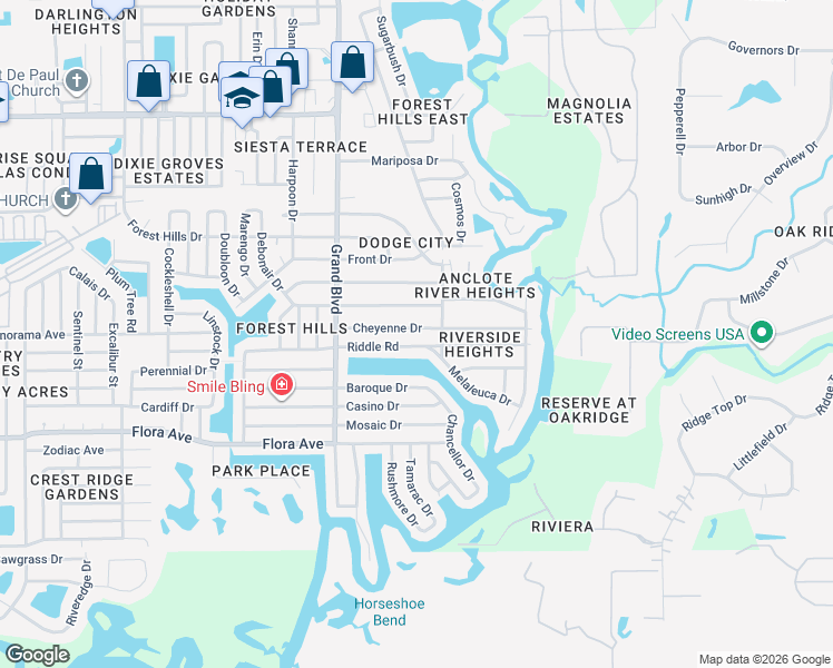 map of restaurants, bars, coffee shops, grocery stores, and more near 5648 Cheyenne Drive in Holiday