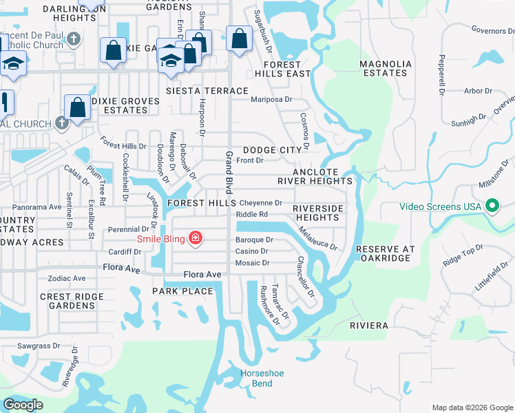 map of restaurants, bars, coffee shops, grocery stores, and more near 5604 Cheyenne Drive in Holiday
