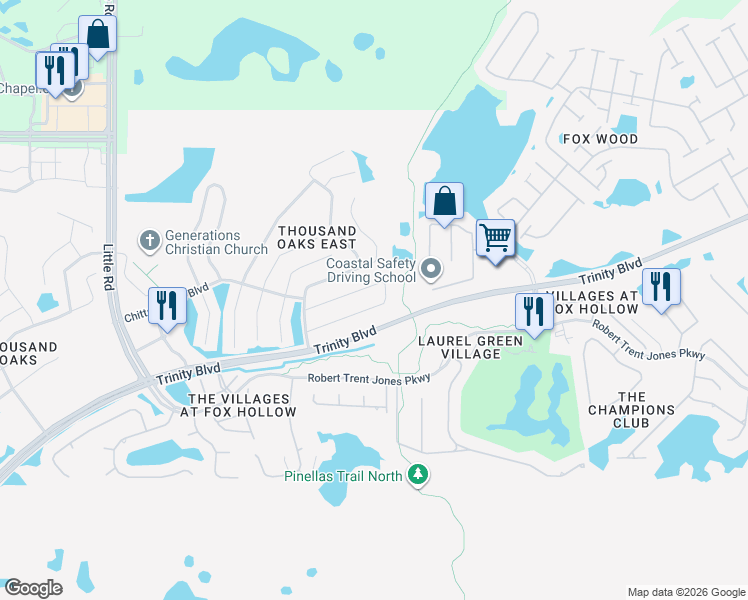map of restaurants, bars, coffee shops, grocery stores, and more near 9736 Trumpet Vine Loop in Trinity