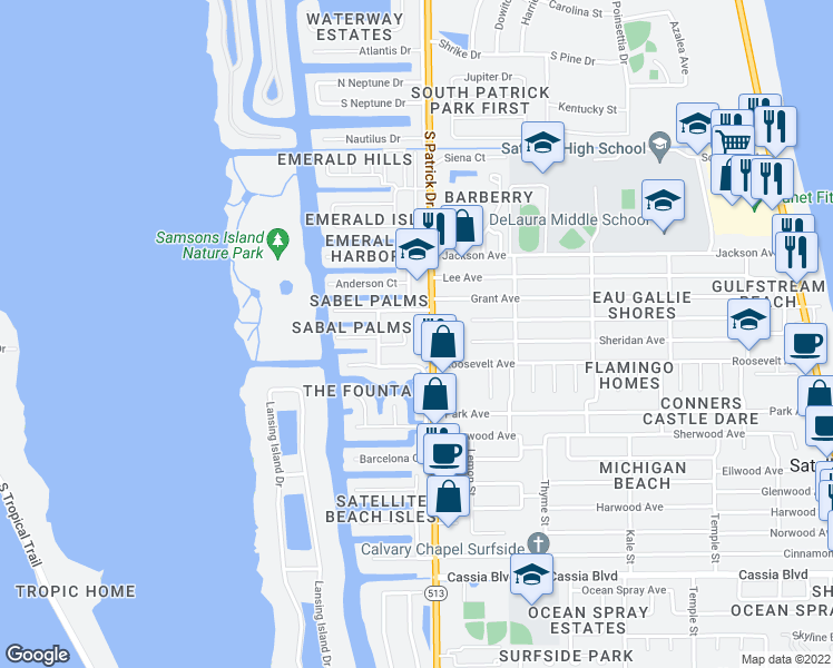 map of restaurants, bars, coffee shops, grocery stores, and more near 1170 South Patrick Drive in Satellite Beach