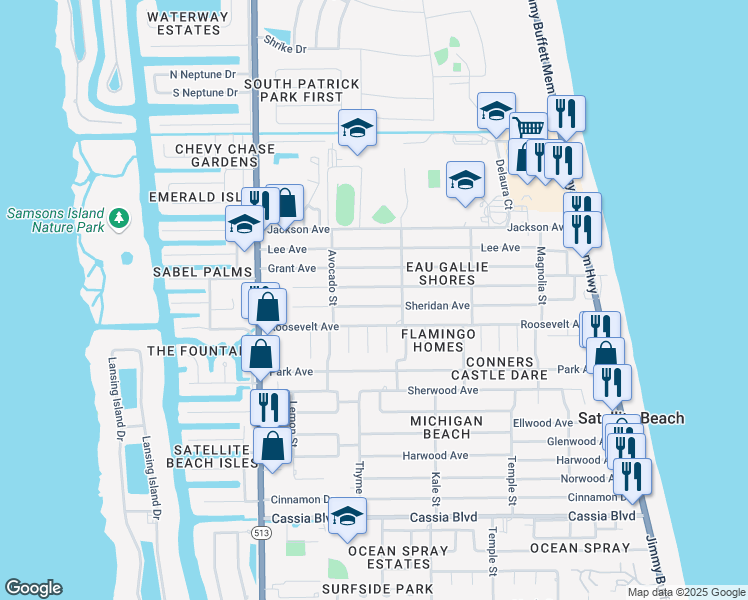 map of restaurants, bars, coffee shops, grocery stores, and more near 440 Sheridan Avenue in Satellite Beach