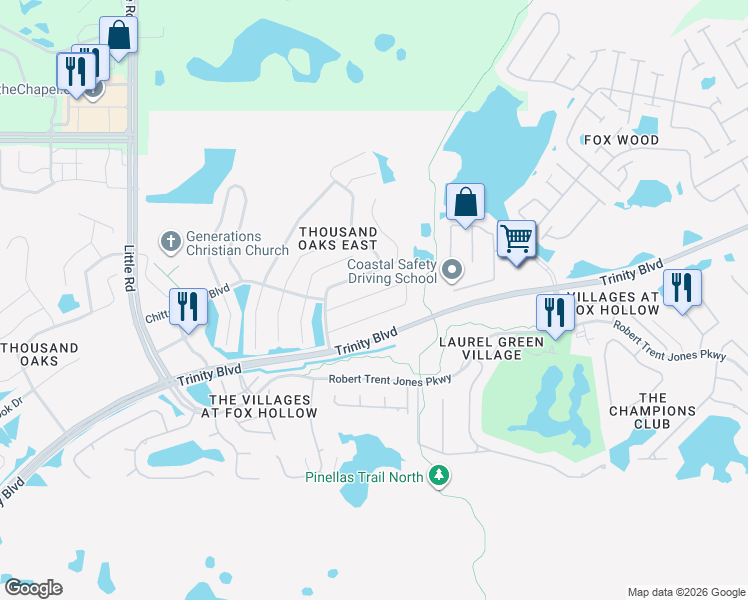 map of restaurants, bars, coffee shops, grocery stores, and more near 9774 Trumpet Vine Loop in Trinity