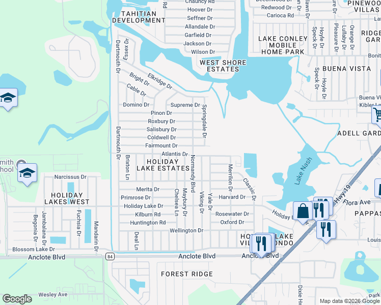 map of restaurants, bars, coffee shops, grocery stores, and more near 3401 Atlantis Drive in Holiday