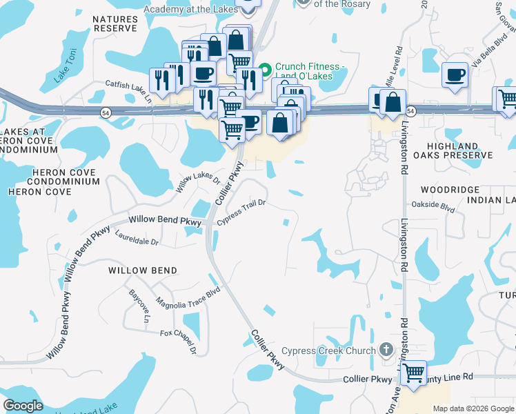 map of restaurants, bars, coffee shops, grocery stores, and more near 22922 Cypress Trail Drive in Lutz