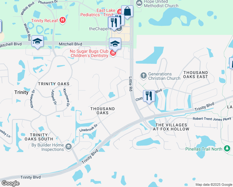 map of restaurants, bars, coffee shops, grocery stores, and more near 8801 Torchwood Drive in Trinity